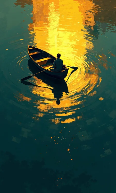 Full shot of a stylized illustration of a small boat on water. 
The boat is dark, simple, and oblong, with a person seated in it, positioned near the middle of the boat.  This person appears to be rowing. The boat is on a body of water that looks like it's reflecting a golden or amber light from a source above the water's surface. The reflection is stylized, with swirling patterns and a gradient of yellow to dark gold. The water's surface reflects this light, creating a swirling pattern. 
The water itself is shown with a mix of dark teal, dark navy, and hints of gold, suggesting a mix of light and shadow.  A series of small, light specks are scattered throughout the surface of the water. The overall style is graphic and somewhat painterly, with a definite focus on texture. A distinct reflection of the boat and person is visible below the boat itself, creating a mirrored effect. The scene is primarily dark with the highlights of golden light on top.
<lora:FLUX-daubrez-DB4RZ-v2:1> DB4RZ, DB4RZ style painting