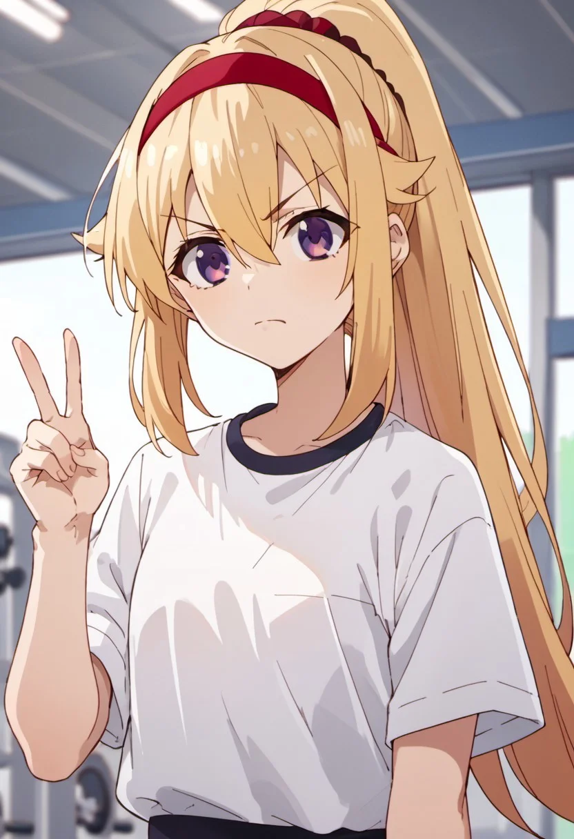 score_9, score_8_up, score_7_up, source_anime, koshi torako, long hair, blonde hair, purple eyes, 1girl, solo, shirt, closed mouth, white shirt, ponytail, hair between eyes, short sleeves, hairband, v-shaped eyebrows, gym shirt, red hairband