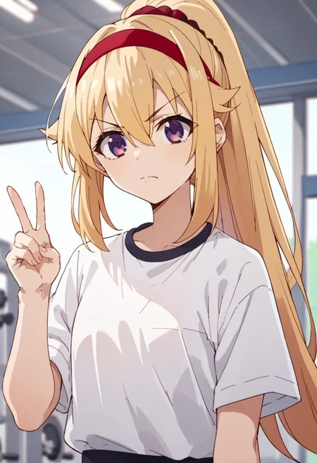 score_9, score_8_up, score_7_up, source_anime, koshi torako, long hair, blonde hair, purple eyes, 1girl, solo, shirt, closed mouth, white shirt, ponytail, hair between eyes, short sleeves, hairband, v-shaped eyebrows, gym shirt, red hairband