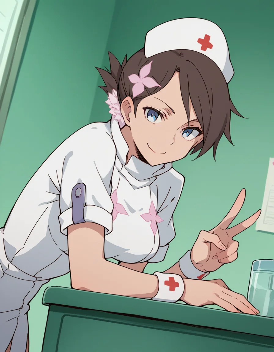 score_9, score_8_up, score_7_up, source_anime, <lora:v-juli-f-hnu-ponyxl-lora-nochekaiser:1>, v juli f, short hair, blue eyes, brown hair, flower, hair flower,, hat, nurse cap, nurse, short sleeves,, indoors, bent over, smile, smug, looking at viewer, solo,, cowboy shot, dutch angle