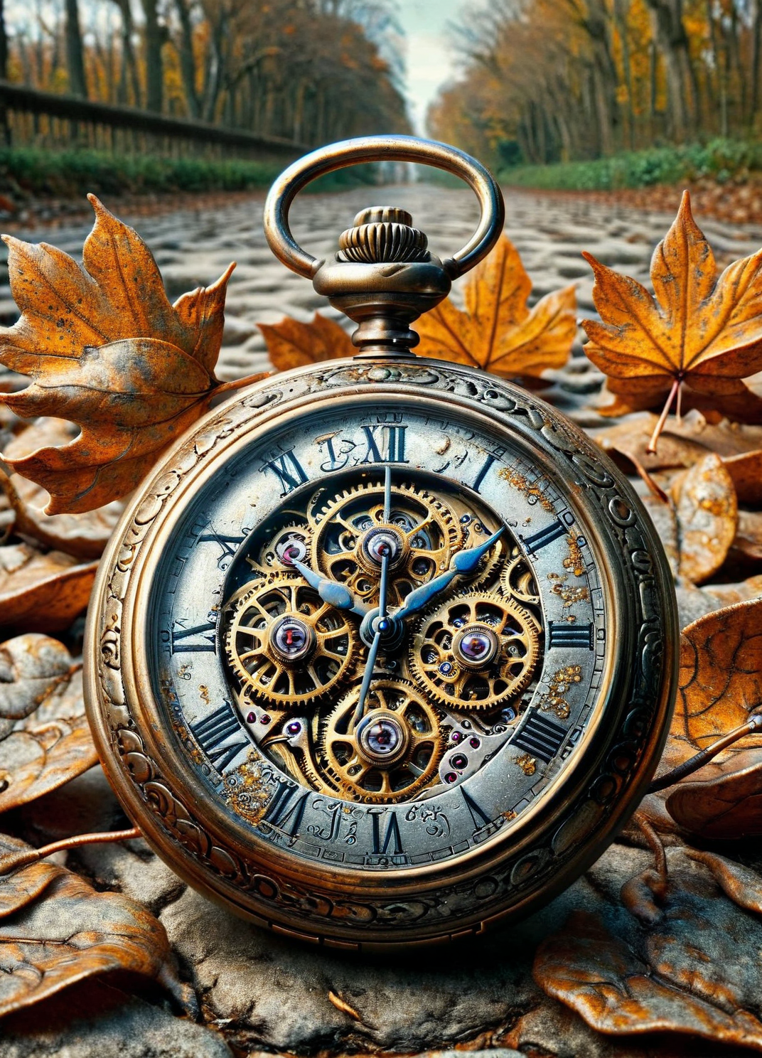An ais-trnshd pocket watch with intricate gears, ticking amidst fallen leaves <lora:ais-trnshd-sdxl:1>
