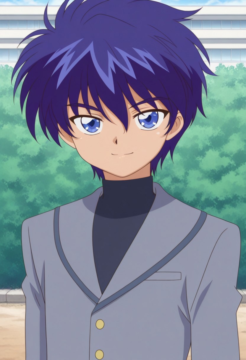 masterpiece,best quality,amazing quality, source_anime, retro artstyle,
sheido, 1boy, male focus, solo, blue eyes, blue hair, school uniform, shirt, black shirt, turtleneck, jacket, grey jacket, smile,
outdoor,