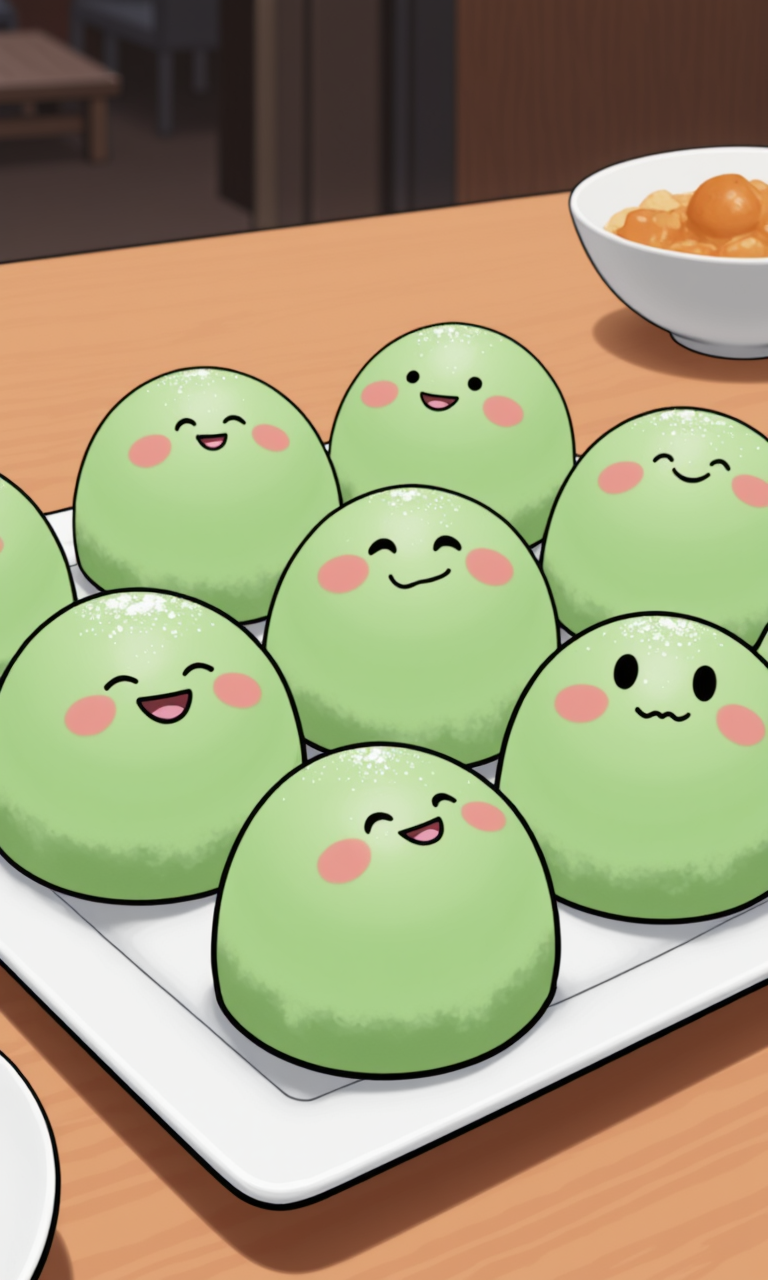 schmedefus3 art of a plate of happy green mochi balls with cute simple faces, they are giggling and smiling, some are blushing, they have powdered white sugar sprinkled on them, they are on a square porcelain plate on a wooden table in a japanese restaurant<lora:schmedefus3_flux.safetensors:1.0:1.0>