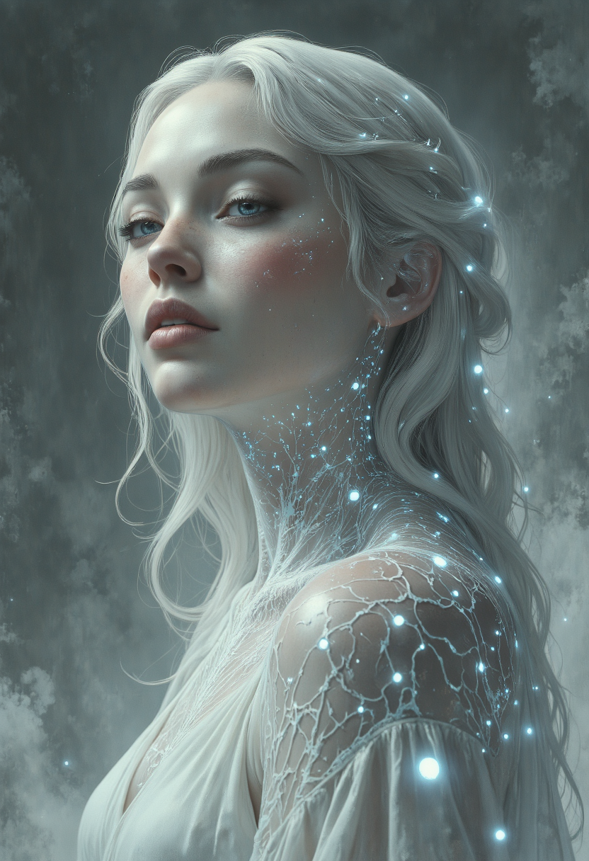 A very tight, 3/4 head-and-shoulders portrait of a woman with skin like smooth frosted glass, softly illuminated from within by a pale, translucent glow. Beneath her surface, fine bioluminescent veins trace from her forehead down through her temples, cheeks, and neck, their pale blue-white light scattering into micro-fractals that hover like drifting motes. Her eyes are wide, muted icy-blue orbs that glow gently, their soft luminescence mirrored in the halos of fractal light around her head. Subtle highlights and shadows define her eyebrows, cheekbones, and jawline, lending her an ethereal porcelain grace. Her platinum-white hair is casually swept up, with tendrils falling around her face in crisp, defined strands that catch stray particles of light. Her lips blend almost seamlessly with her skin's glow, softly shadowed at the edges. She turns her gaze off to the horizon, her expression lost and haunting. The background is an infinite, smooth gradient of cold silver to misty white, pierced only by the faint shimmer of suspended light particles... soft, diffused lighting preserves the dreamy, otherworldly ambiance. <lora:Mezzotint_Artstyle_for_Flux_-_by_Ethanar:0.5500000000000002> <lora:SkoolDaze_Portrait_Style-000014:0.5500000000000002> <lora:illustration20FLUX20.XsbF:0.3500000000000001> <lora:cpa.LgFo:0.3500000000000001>