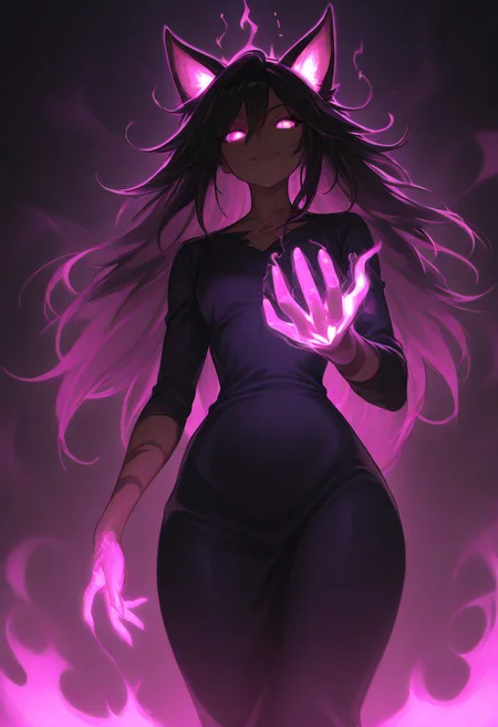 charm_person_(magic), cham_aura, aura on hand , glowing eyes, 1girl, tall, powerful, dark skin, flowing energy, witch,  hands around viewers peripheral view