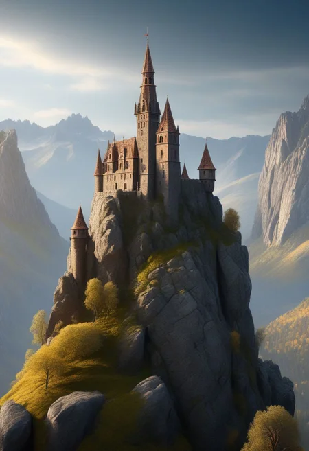 castle on a (rock spire), mountain in background, best quality, masterpiece, illustration, realistic, photo-realistic, amazing, finely detail, incredibly absurdres, huge filesize, ultra-detailed, highres, extremely detailed CG unity 8k wallpaper