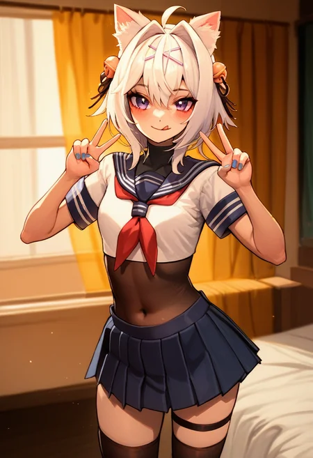 rating_safe, <lora:Filian_for_PonyXL:1>, filian, solo, hair bell, blush, small breasts, , serafuku, indoors, hair ornament, bell, covered navel, looking at viewer, pleated skirt, white hair, school uniform, ahoge, blue miniskirt, black thighhighs, hair intakes, blue nails, thigh strap, bangs, cat ears, hair between eyes, smile, short sleeves, curtains, window, nail polish, double v, shirt, standing, bed, neckerchief, hair ribbon, tongue, score_9, score_8_up, score_7_up, score_6_up, score_5_up, score_4_up