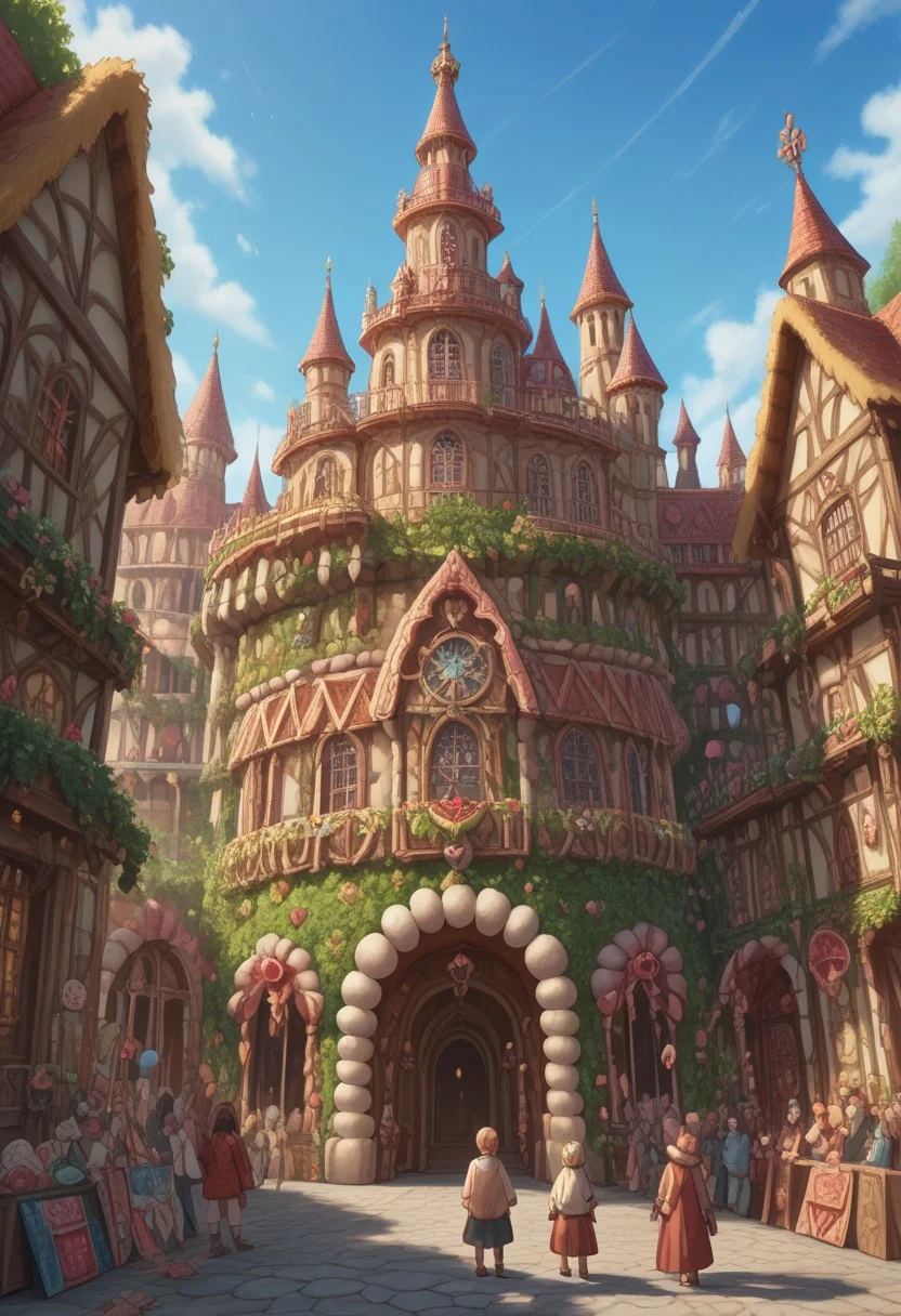 4k, score_9, score_8_up, score_7_up, hyper detailed, masterpiece, best quality, best quality, ultra detailed, ((detailed eyes)), zPDXL3, a candy castle in a candy village, CHRC4ND7