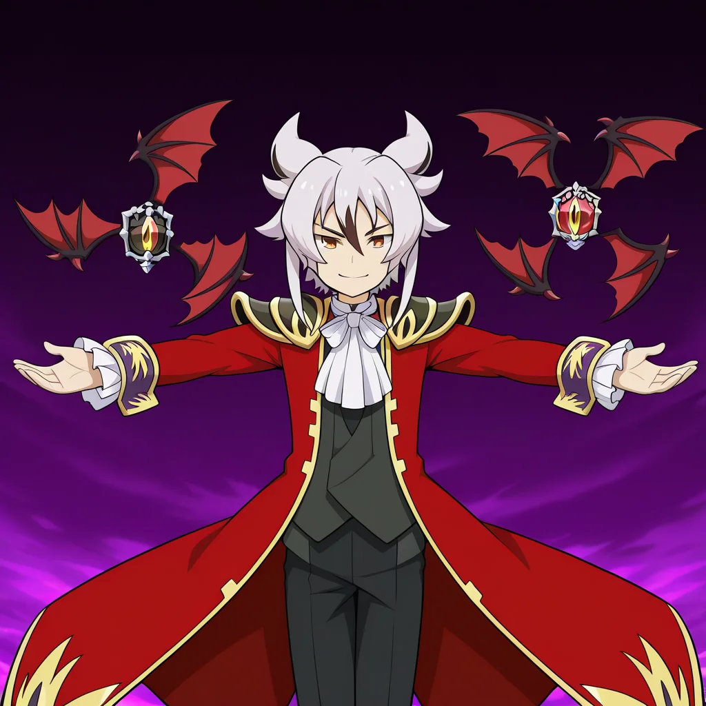masterpiece,best quality,amazing quality BREAK kyoya gaen,1boy,male focus,solo,long coat,smile,coat,dark core deck case\(wings\),bat wings,floating object,floating,looking at viewer,red coat,outstretched arms,armor,shoulder armor,waistcoat,ascot,bowtie,pants,black pants,<lora:Kyoya_Gaen_V2-3>,cowboy shot,