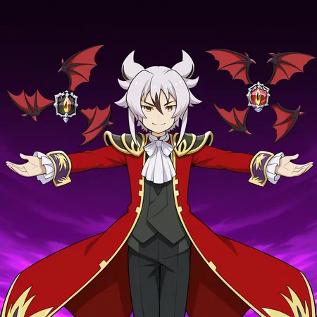 masterpiece,best quality,amazing quality BREAK kyoya gaen,1boy,male focus,solo,long coat,smile,coat,dark core deck case\(wings\),bat wings,floating object,floating,looking at viewer,red coat,outstretched arms,armor,shoulder armor,waistcoat,ascot,bowtie,pants,black pants,<lora:Kyoya_Gaen_V2-3>,cowboy shot,