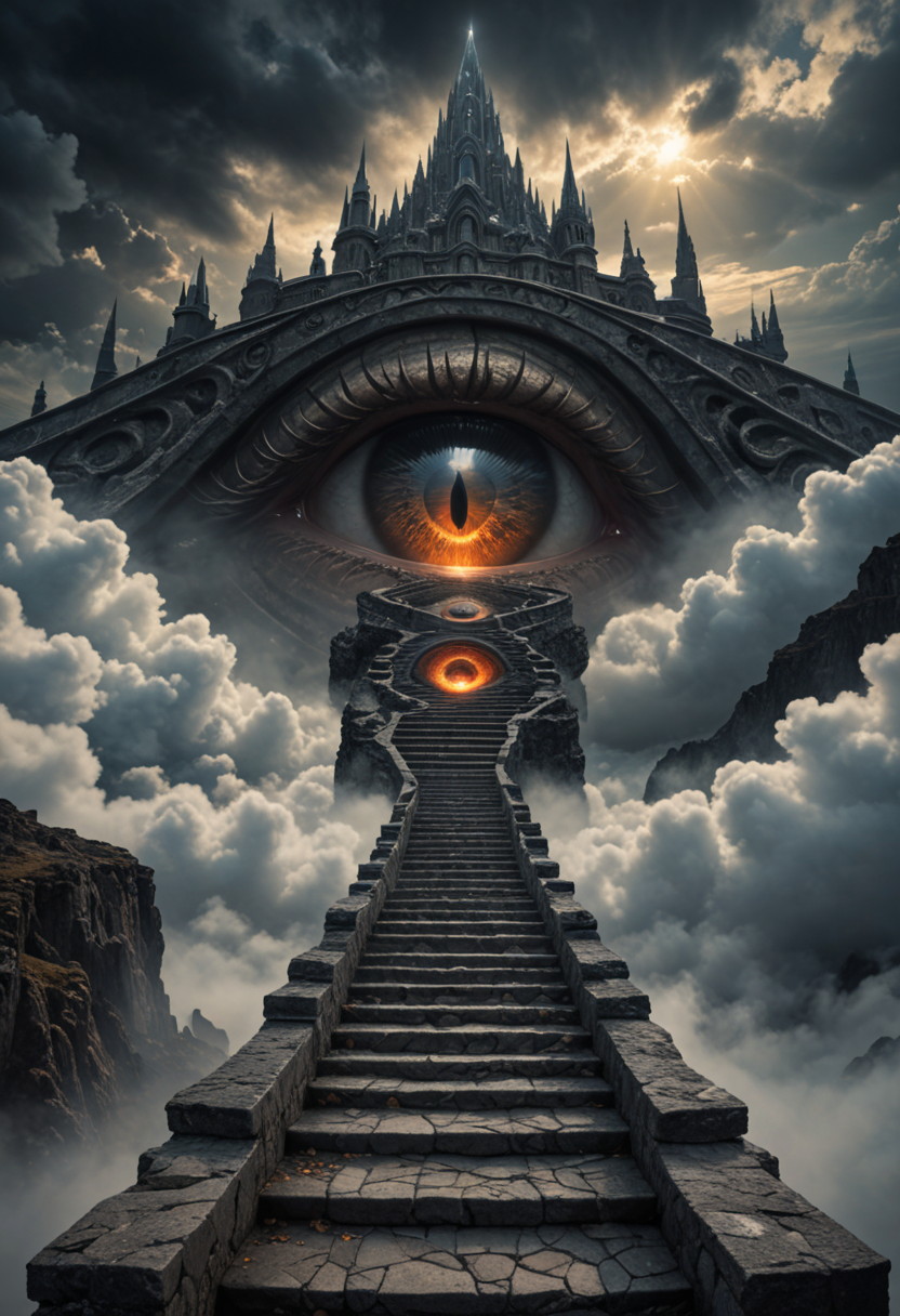 depth of field,dark art,fantasy,surrealism,stone steps,sea of clouds,Eye of Sauron at the end,curves,winding,NVIDIA OptiX,