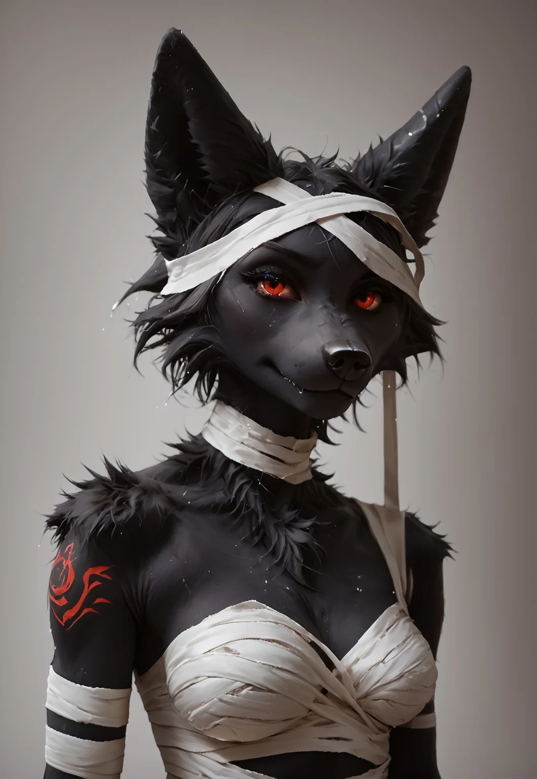 safe_pos, kftenhance, safe_pos, score_9, score_8_up, score_7_up, upper body shot, female furry fox,medium breasts, black skin, black wool, red eyes, mummy costume, gray hair, more bandages, red tattoo on body, wet skin, wet wool<lora:KFT_FSSE_V6.3-000005:0.4>