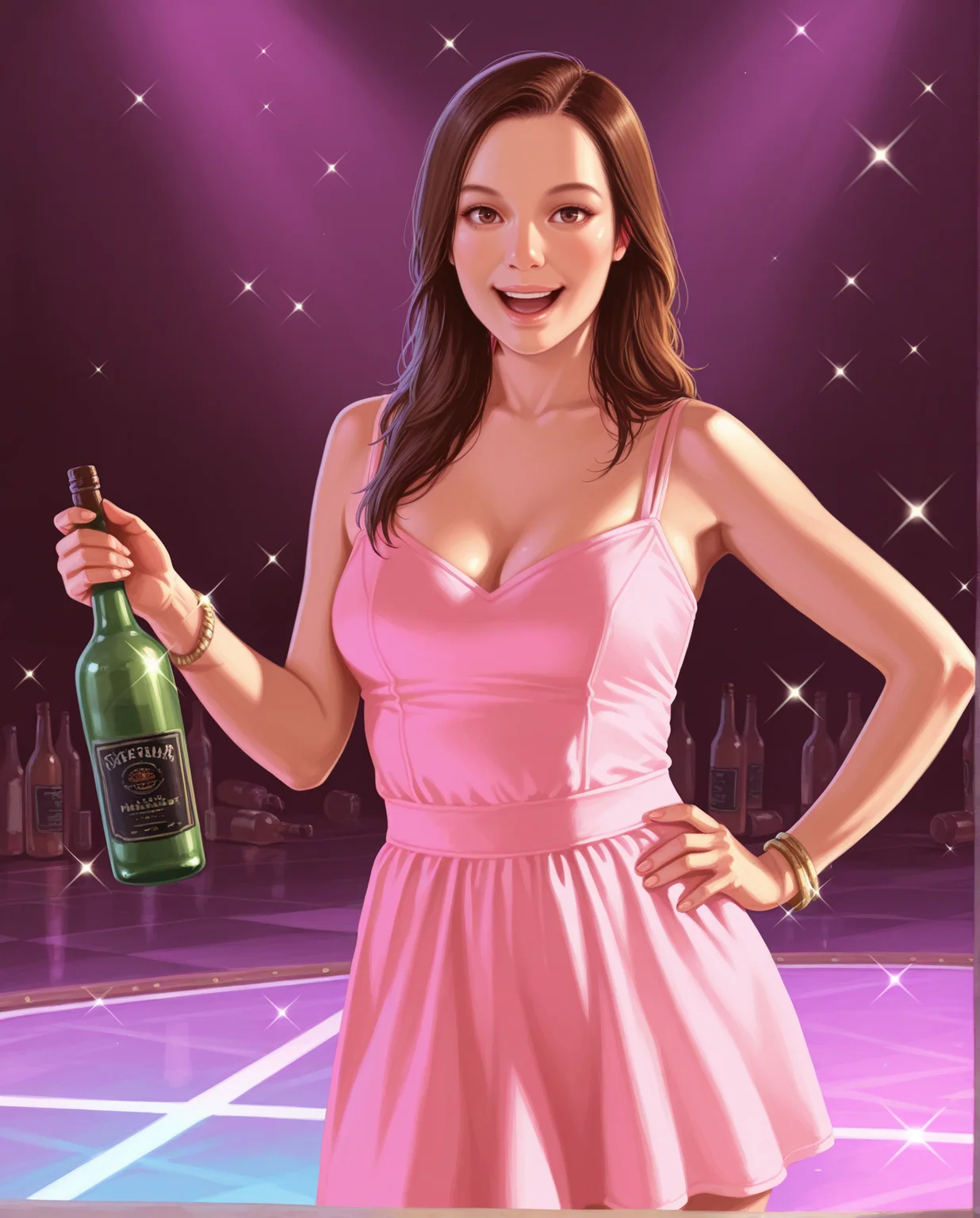 <lora:gta4artstyle_IL_v1>,gta4art,realistic,
1girl,solo,bottle,long hair,pink dress,bracelet,jewelry,alcohol,hand on hip,open mouth,realistic,brown hair,brown eyes,breasts,smile,
looking at viewer, cowboy shot,
dance floor,sparkle background,