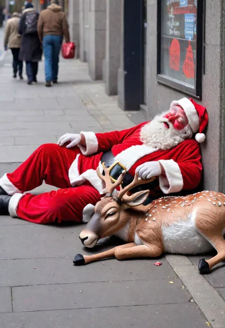 Homeless Drunk Santa Claus sleeping rough on the street with Rudolph the red-nosed reindeer