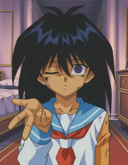 masterpiece, best quality, male focus, bedroom, (sailor:1.2), solo,dirty, looking at viewer, blowing kiss, one eye closed,
<lora:Mind_Controlled_Mokuba_1:0.9>, m0ku, 1boy, black hair, long hair, purple eyes, retro artsyle, 1990s (style), hair between eyes, male child, empty eyes,