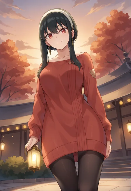 score_9, score_8_up, score_7_up, source_anime, masterpiece, best quality, highly detailed background, cinematic lighting, detailed eyes, detailed pupils, perfect face, Yor Forger, unique outfit, looking at viewer, standing, cute, smile, park, lanterns, festival, clouds, sunset, dark, warm light, dutch tilt, low angle, side locks, short hair,
<lora:Yor_Forger_Pony:0.8>