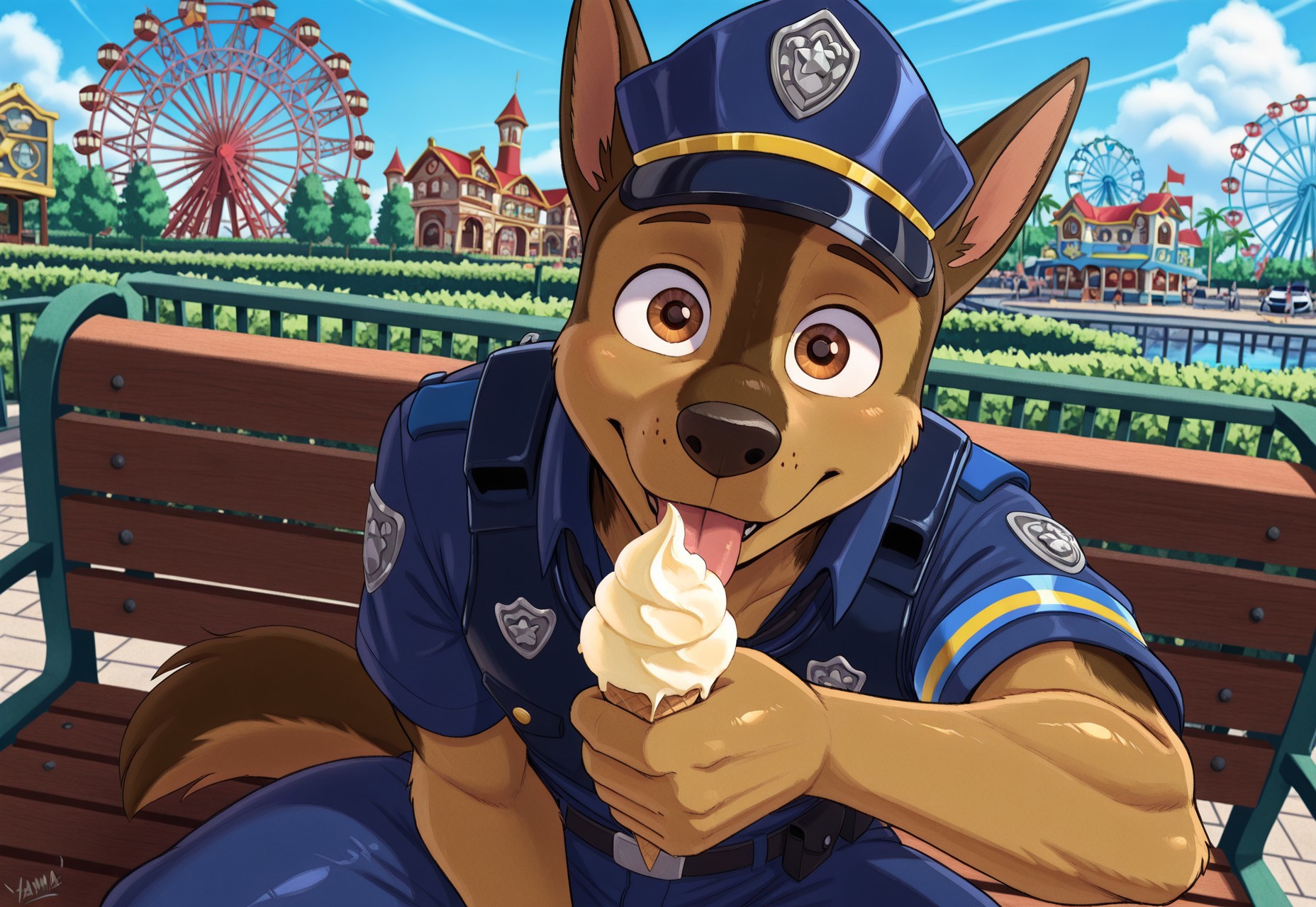 masterpiece, best quality, amazing quality, very aesthetic, absurdres,  newest,  high quality, detailed, high quality, detailed, solo male, yamathegod, Chase, german shepherd, dog boy, brown fur, brown eyes, tail, furry, anthro, 1boy, furry, police uniform, police hat, protective police vest

expressive face, looking at viewer, tongue out,
shiny skin, sitting on bench, licking ice cream, holding
ice cream, outdoors
amusement park, ferris wheel, atmospheric
perspective, intricately detailed, depth of field
