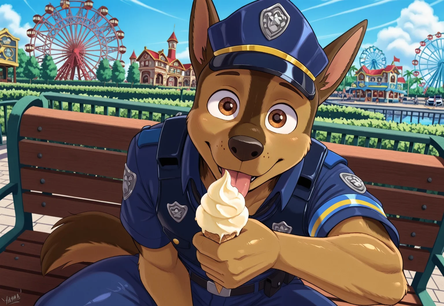 masterpiece, best quality, amazing quality, very aesthetic, absurdres, newest, high quality, detailed, high quality, detailed, solo male, yamathegod, Chase, german shepherd, dog boy, brown fur, brown eyes, tail, furry, anthro, 1boy, furry, police uniform, police hat, protective police vest
expressive face, looking at viewer, tongue out,
shiny skin, sitting on bench, licking ice cream, holding
ice cream, outdoors
amusement park, ferris wheel, atmospheric
perspective, intricately detailed, depth of field