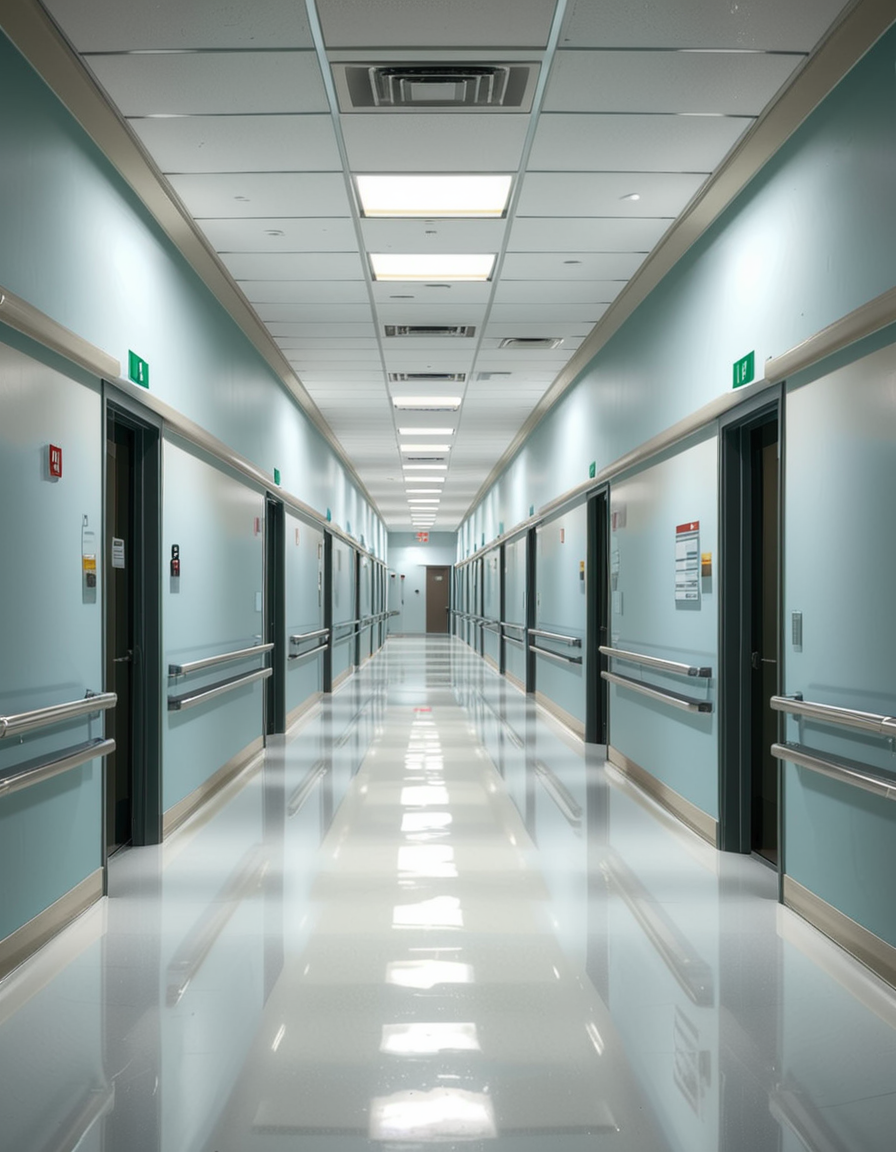 A long, sterile hospital corridor with bright white walls and a polished, reflective floor. The fluorescent ceiling lights cast a cold, clinical glow, emphasizing the cleanliness of the space. The hallway is lined with closed patient rooms, each marked with a small number plate. Stainless steel handrails run along the walls, and a few medical carts are neatly parked near the side. The corridor appears empty, creating a sense of stillness and anticipation. At the far end, a set of double doors with small glass windows leads to another section of the hospital. The atmosphere is quiet, professional, and highly sanitized, evoking a sense of order and precision.
<lora:SDXLFaeTastic2400:0.4> <lora:extremely_detailed:0.4> extremely detailed, <lora:sterile_hospital_c0rr1d0r:1>,sterile hospital c0rr1d0r, Masterpiece,best quality,hi res,8k,hi res,8k,award winning,(sharp focus, intricate, highly detailed),