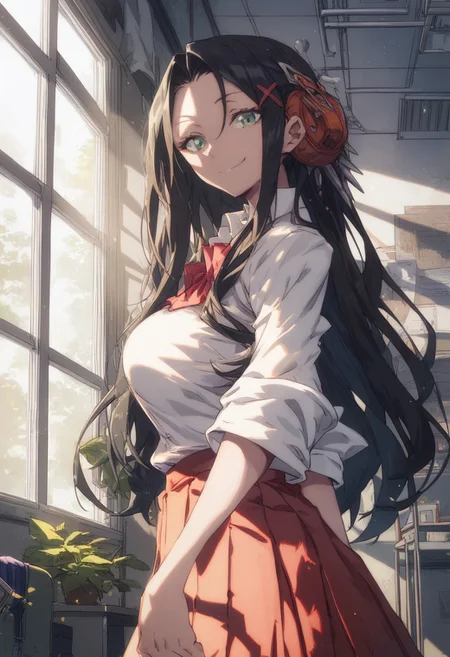 1girl, solo, score_9,score_8score_7 green eyes, indoors, large breasts, black hair, hair ornament, long hair, school uniform, smile, standing, parted bangs