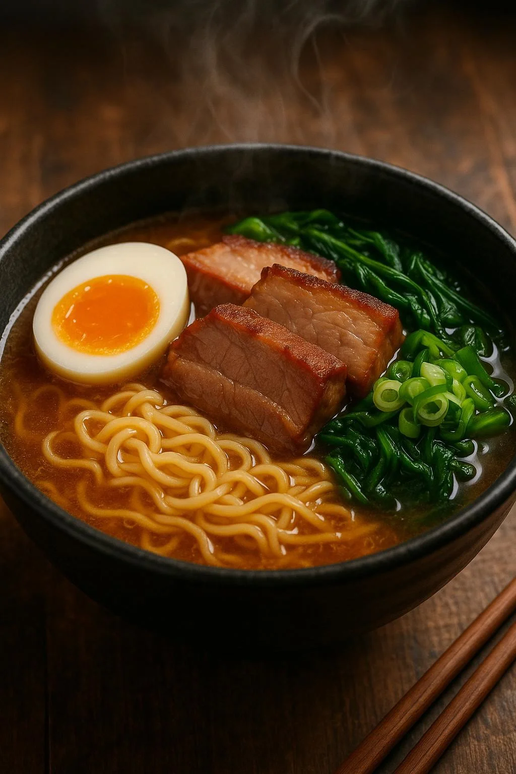 Delicious bowl of steamy ramen, egg, thick cuts of meat, veggies, noodles, salty broth