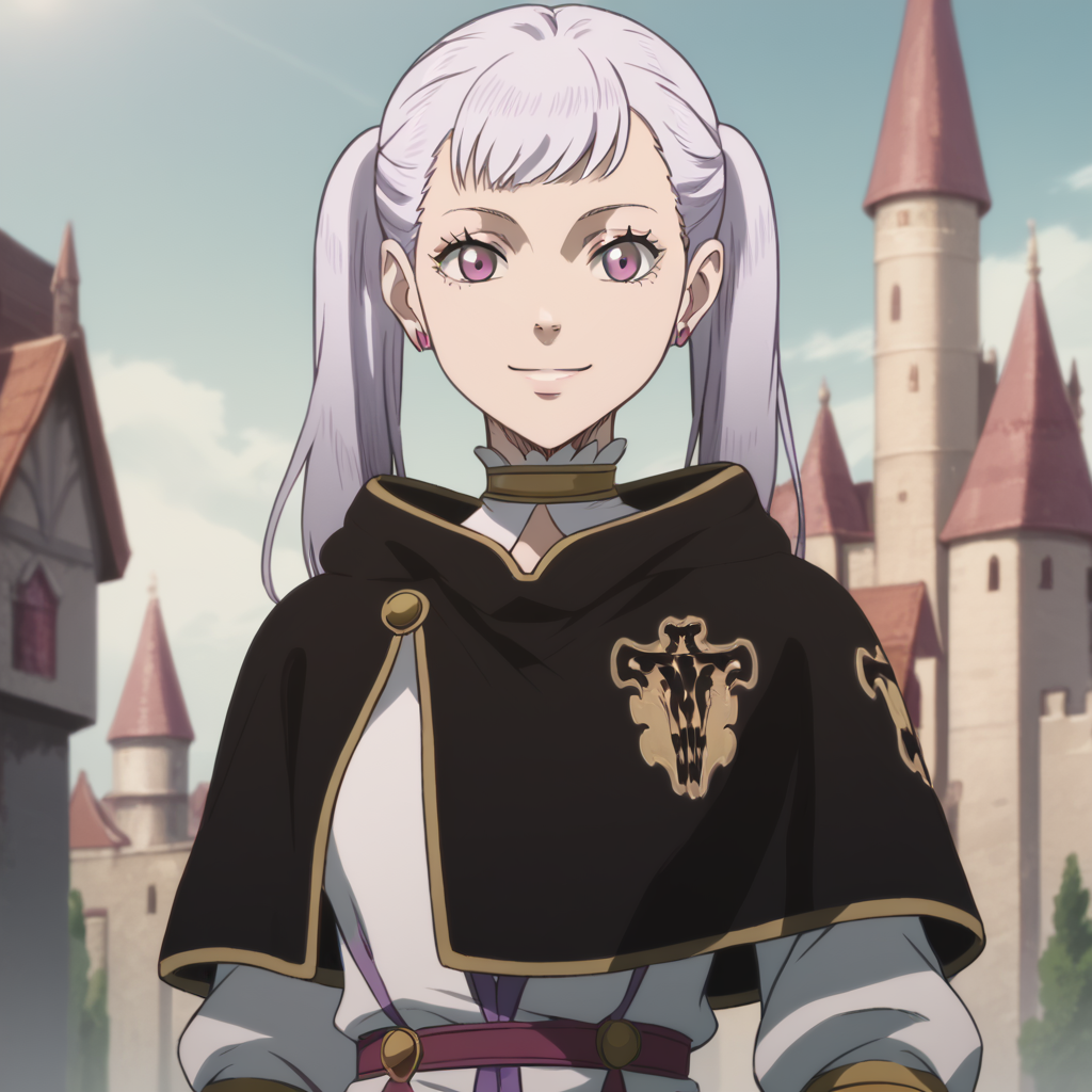<lora:Slime'sNoelle:1>, score_9, score_8_up, score_7_up, slimes_noellesilva, solo, smiling, twintails, castle background