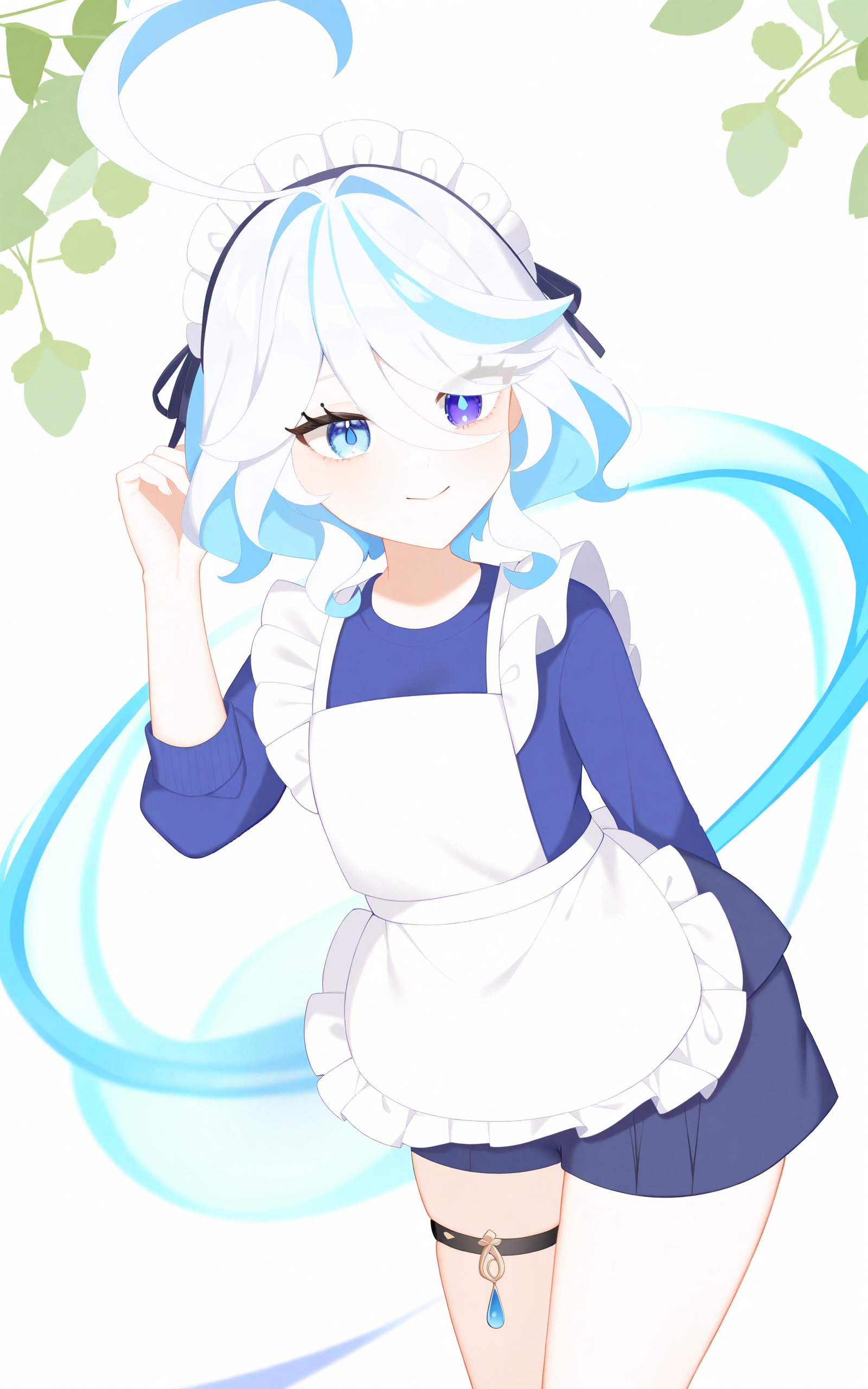 <lora:Furina_v2-000044>,mismatched_pupils,
1girl,absurdres,ahoge,apron,blue_eyes,blue_hair,blue_jacket,blue_shorts,drop-shaped_pupils,furina_(genshin_impact),genshin_impact,highres,jacket,jersey_maid,light_blue_hair,looking_at_viewer,maid,maid_apron,maid_headdress,multicolored_hair,popo_y,shorts,smile,solo,streaked_hair,symbol-shaped_pupils,tenshi_kaiwai,thigh_strap,track_jacket,waist_apron,