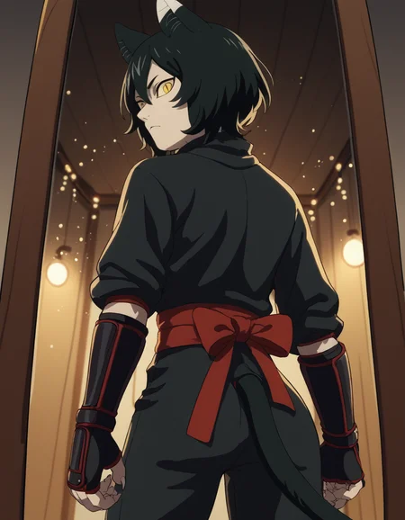 score_9, score_8_up, score_7_up, source_anime, <lora:izutsumi-s1-ponyxl-lora-nochekaiser:1>, izutsumi, black hair, animal ears, tail, yellow eyes, cat ears, cat tail, cat girl, slit pupils,, japanese clothes, gauntlets, ninja, black shirt, black pants,, dressing room, mirror, lights, costumes, makeup, , <lora:shaft-look-ponyxl-lora-nochekaiser:1>, shaft look, looking back, from behind, head tilt,, looking at viewer, solo,, dutch angle, cowboy shot