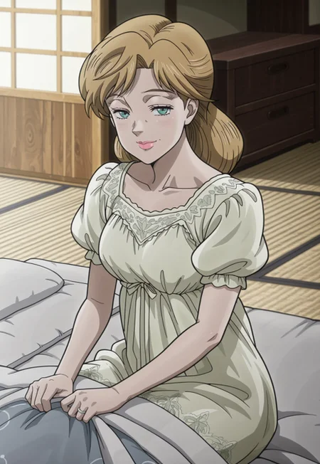 (masterpiece, amazing quality, best quality, anime coloring, detailed),very aesthetic, illustration, perfect composition, intricate details, absurdres, incredibly absurdres, (((1girl,solo,HolyKujo, Blonde Hair, Teal Eyes, Pink Lipstick, Light Green Nightgown, Puffy Sleeves, Silver Wedding Ring, perfect face,detailed eyes))),cowboy shot, sitting in bed, futon, blanket, clutching blanket, indoors, japanese house, tatami mat, looking at viewer, half closed eyes, smile