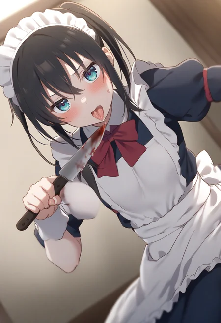 1girl,sincos, ningen mame, toosaka asagi,solo,medium breasts,20yo,maid,maid headdress,
licking knife, <lora:lickingknife_XL_v1:0.8>
tongue out, holding knife, blood,saliva,dynamic pose,
best quality, very aesthetic, absurdres