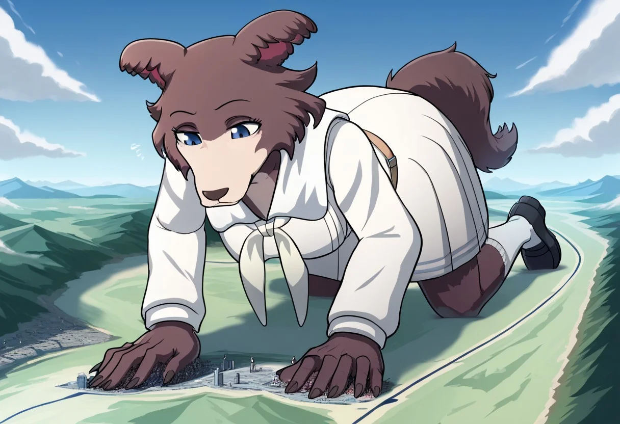score_9, score_8_up, score_7_up, source_furry, macro,1girl,landscape,solo, pov, busty, thick body, goddess, curvy, sky, on all fours,crawling,smug,full-body view, looking down, juno, wolf girl, brown-purple fur, blue eyes, wolf tail, animal nose, animal ears, school uniform, neckerchief, belt, long sleeves, white socks, black shoes,<lora:TeradaOchiko1>