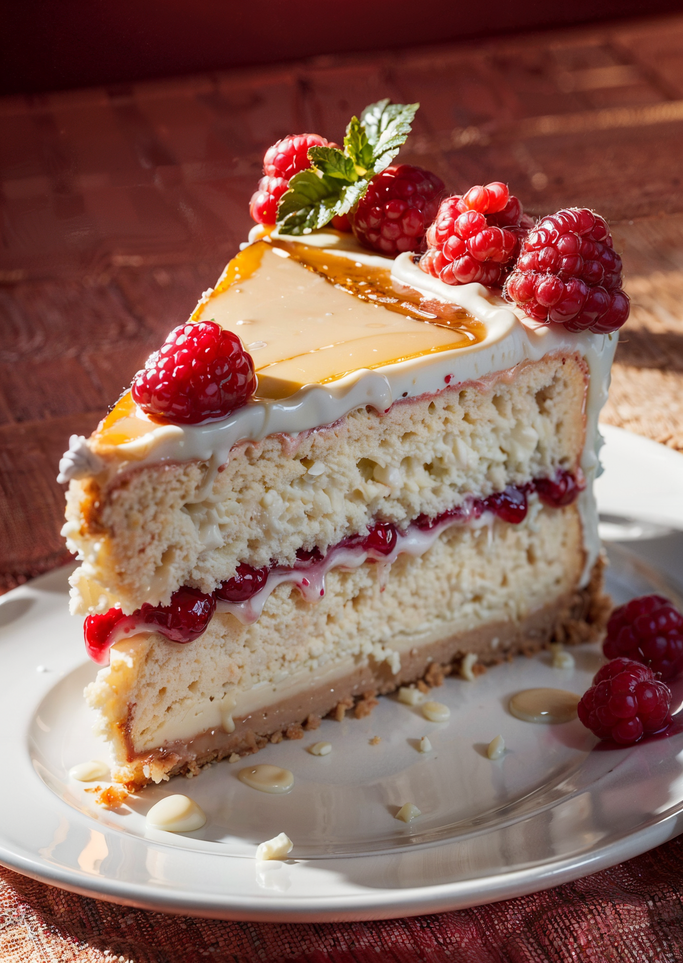 a piece of cheese cake with raspberry, white ceramic plate, dripping red juice, ((bright theme)),  (masterpiece),((ultra-detailed)), (highly detailed CG illustration),(expressionless), (best quality:1.2), High quality texture, intricate details, detailed texture, High quality shadow, Cinematic Light, Depth of field, light source contrast, perspective,20s, (ulzzang-6500-v1.1:0.5), <lora:epi_noiseoffset2:1>,  <lora:add_detail:0.8>,