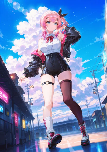zPDXL3 Real score_9, score_8_up, score_7_up, score_6_up source_anime, highly detailed, sharp, intricate details, rating_safe rating_sensitive, rating_explicit, masterpiece, best quality, good quality, bright eyes light particles lens flare amazing quality, very aesthetic, very awa, absurdres, newest,
<lora:yoneyamaiXLNBVP1lokrV6311PZ:0.5>, <lora:Leiq StyleV2 for IL:0.5>
<lora:nhl-001:0.4> nhl-001 film grain multicolored background <lora:ponyv4_noob1_2_adamW:0.4>
medium breasts, dynamic pose, dynamic angle,
optical illusion, ssambatea, quasarcake, Fishine, arutera, soresaki, reoen, sanbonzakura, askzy, negative space, see-through, made of, neon light, detailed background,
outdoors, cloud, sky, blue sky, fantasy scenery, day, blue theme, cloudy sky,
niji-meruto,large breasts,blue eyes,pink hair,gradient hair,side ponytail,single side ponytail,hairclip,hair ribbon,black ribbon,polka dots ribbon,
niji-merutocos1,white shirt,center frills,sleeveless,bare shoulder,red ribbon-tie,black shorts,high waist shorts,short shorts,o-ring thigh strap,thigh strap,layered legwear,uneven legwear,single socks,
merutocos1-jacket,black jacket,open jacket,long sleeves,puffy sleeves,long puffy sleeves,
<lora:niji-meruto:0.7>