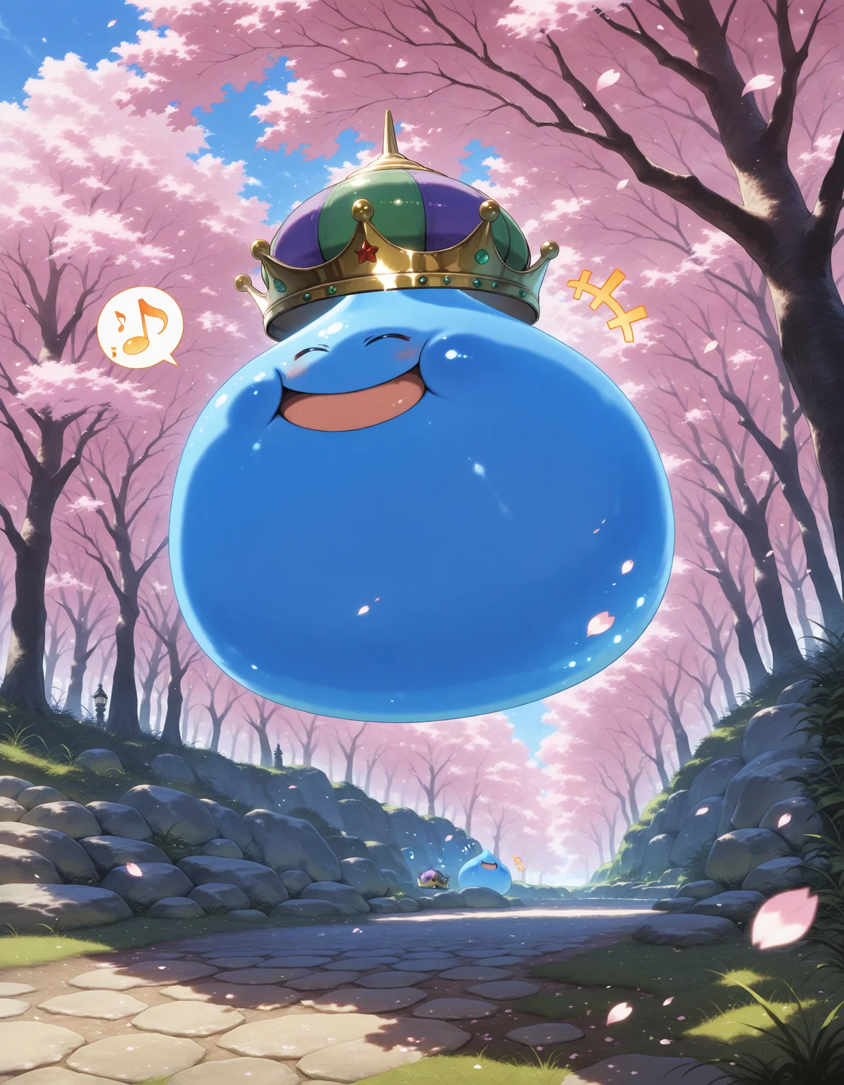 SmoothNoob_Quality,masterpiece,extreme detailed,full_body,outdoors,cherry blossoms,cherry tree,
BREAK 1other,no humans,king slime,slime \(creature\),crown,:D,open mouth,blue skin,blush,smile,+++,happy,<lora:NOOB_vp1_detailer_by_volnovik_v1:1>,<lora:king slime-NAI:1>,doyagao,closed eyes,^_^,spoken musical note,jumping,