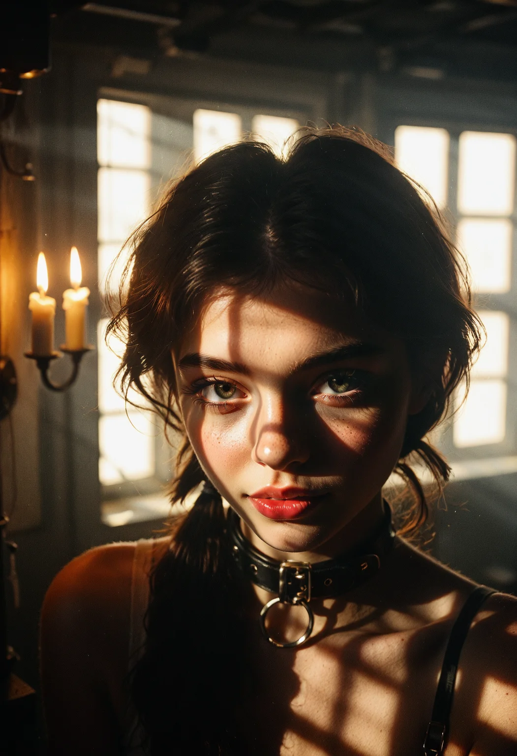 Advertisement picture featuring a young french woman, in a scifi brutalist interior setting with virtual lighting outlining her features from the back.
The extreme closeup shot's composition centers on the woman's face, giving only a glimpse of her narrow shoulders, accentuated by an avant-garde neck adornment.
Her teasing grey eyes are accentuated by edgy mascara with dramatic false lashes in an avant-garde style, while her wide lips feature red lipstick.
She wears her black hair in low, puffy twintails style, with dark roots. Her mood appears affectionate and introspective, her head slightly turned sideways, gazing downwards, adding to the dreamy impression of the image.
She is wearing a neckpiece made from a rough wool with an exaggerated collar featuring multiple rows of vertical straps with buckles, like belts, giving it a dramatic and futuristic design.
The scene is set on an endless brutalist stairwell structure illuminated by floating virtual candles in a wireframe design pronouncing a futuristic setting.
<lora:p_Dramatic Lighting Slider.safetensors:2.1>
<lora:p_Amateur_RawCam_slider_250_v1.safetensors:2.5>