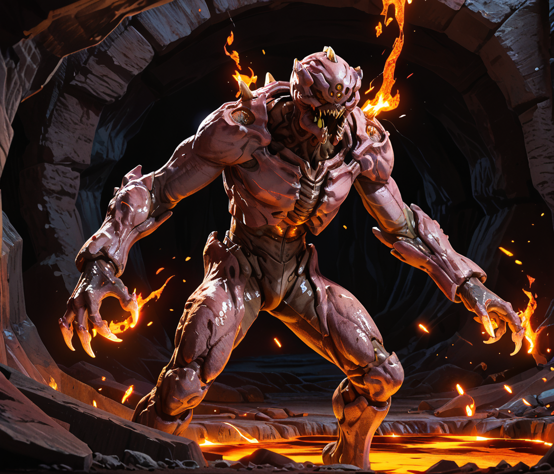 safe_pos, score_9_up,score_8_up,score_7_up,score_6_up,score_5_up,score_4_up, masterpiece, high quality, digital painting, source_monster,  zPDXL3, BREAK,
blurry background, cave background, hell, caverns, fire, lava, standing, arms outstretched, embers, glowing hands, pink skin,
prowler, demon, doom, horror, horror (theme), monster, bones, claws, spikes, glowing eyes, split jaw, sharp teeth, shiny skin, exoskeleton, segmented body, shoulder spikes, four fingers, three eyes, extra eyes, 
<lora:Prowler for PonyXL:0.65>