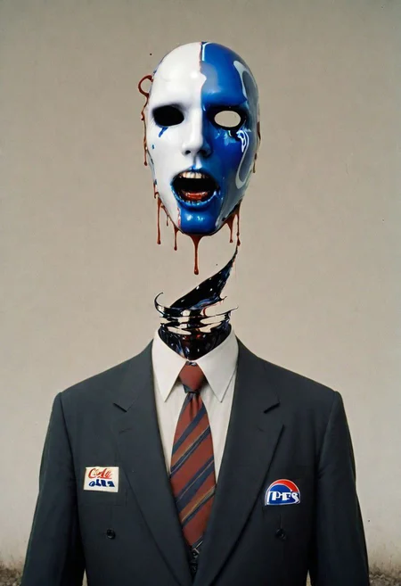 A hollow body, emerging from the neck a soul of light, the one that replaces what was once the man inside the suit and tie: and it hasn't. Nothing can replace it, yet the corporate logos, the Pepsi, the Coke, the Nintendos and so on speak through its neck and somewhere in the static, like an enigmatic face pressed against a saran wrap wall, it screams. And you see it there, late at night in the mirror: he is alive in there in the screaming thing that wakes into television and presses into its pillow like death like death like all that has wept and long gone down into the grave of night, the one that never sleeps now, and besides, the light stays on in the daytime too