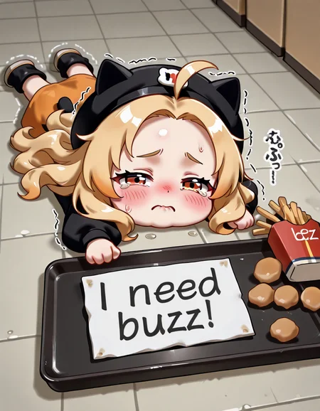 masterpiece,best quality,amazing quality,ultra detailed,very aesthetic,absurdres,<lora:apu_spills_his_tendies_meme:1>,apu spills his tendies (meme),looking at viewer,blush,lying,food,tears,on stomach,tray,tearing up,french fries,tripping,fallen down,chibi,the sign is rolling,dirty signs,<lora:NeedBuzz_sign_Illustrious:1>,need_buzz,holding sign,blonde hair,wavy hair,ahoge,air bangs,forehead,orange eyes,half-closed eyes,hat,cat_hair_ornament,(sound effects:1.3),trembling,