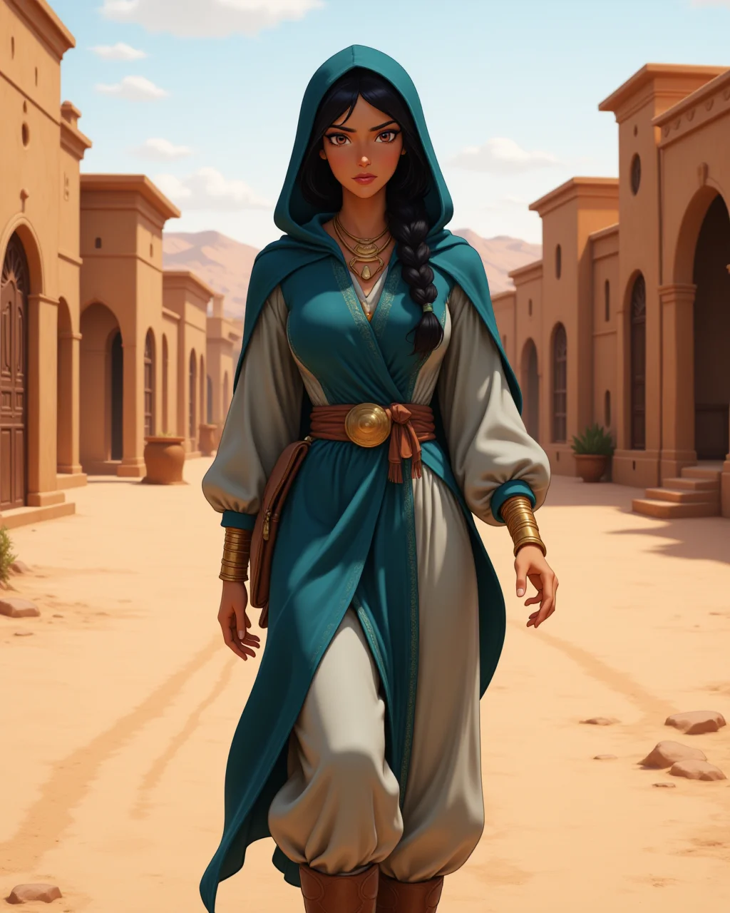 photorealistic photo in a wide shot, looking at viewer, outdoors daylight, 20 year old woman, Irritated with furrowed brows, lips pressed thin, and fingers tapping impatiently.
<lora:Disney_-_Jasmine_v2-000030:1> d-jasmine a 20 year old adult woman with brown eyes , black hair and dark skin. 
a determined princess with braided black hair under a light veil, wearing a desert-ready deep blue hooded robe over layered fabric wraps, lightweight harem pants, brown leather boots, golden bangles,
A woman walks along a dusty road through a remote village, pausing to admire the traditional architecture and vibrant colors of the buildings lining the street.