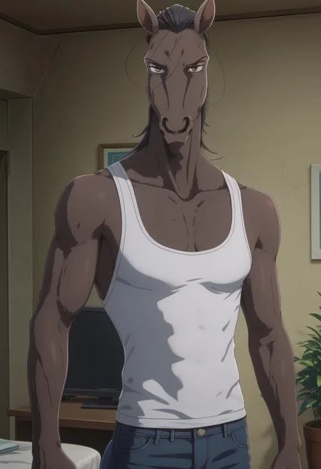 score_9_up, score_8_up, score_7_up, high quality, detailed, Yahya, mature male, anthro, anthro male, horse, grayish brown body, black hair, brown eyes, animal ears, beastars, athletic build, broad shoulders, white tank top, blue jeans, looking at viewer, indoors, office, half-body, standing, muscular, pecs, abs