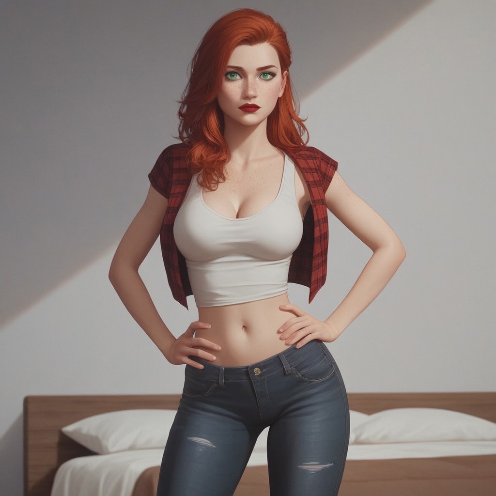 8k resolution,score_9, score_8_up, score_7_up, Expressiveh, single a sexy redhead hair green eyes woman, bright red lipstick, big perfect breasts, perfect face, long and slender body, long legs, detailed eyes, semi realistic, freckles, long hair, bedroom, red plaid shirt, white tank top under red plaid shirt , black jeans, cleavage, hands on hips, five fingers on hand