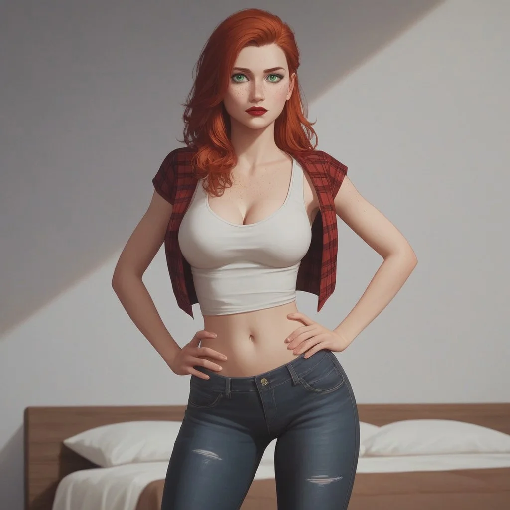 8k resolution,score_9, score_8_up, score_7_up, Expressiveh, single a sexy redhead hair green eyes woman, bright red lipstick, big perfect breasts, perfect face, long and slender body, long legs, detailed eyes, semi realistic, freckles, long hair, bedroom, red plaid shirt, white tank top under red plaid shirt , black jeans, cleavage, hands on hips, five fingers on hand