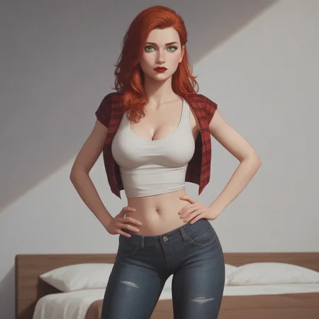 8k resolution,score_9, score_8_up, score_7_up, Expressiveh, single a sexy redhead hair green eyes woman, bright red lipstick, big perfect breasts, perfect face, long and slender body, long legs, detailed eyes, semi realistic, freckles, long hair, bedroom, red plaid shirt, white tank top under red plaid shirt , black jeans, cleavage, hands on hips, five fingers on hand