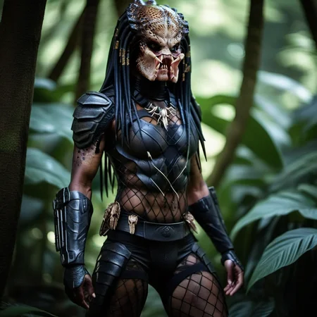 Predator1024, a woman, full body, sexy pose, in the jungle, detailed eyes, highly detailed, photography, ultra sharp, film, bokeh, professional, 4k <lora:add-detail-xl:1.5> <lora:Predator1024-000280:0.8>