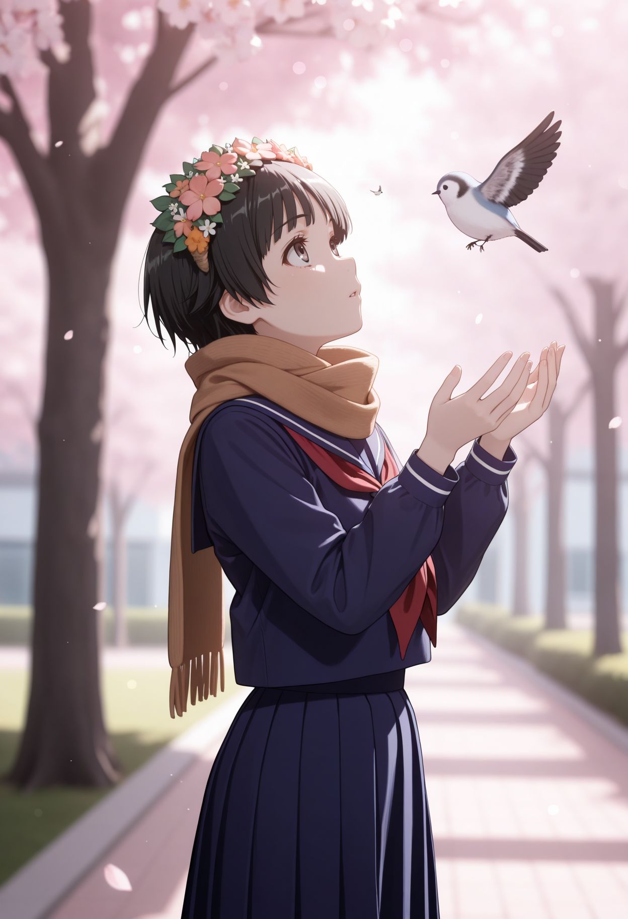 masterpiece,best quality,absurdres,highres,very aesthetic,high quality,detailed,insanely detailed,beautiful,perfect lighting, ,depth of field,blurry background,bokeh, , 
 <lora:Uiharu Kazari:1> 1girl, short hair, black hair, brown eyes, head wreath, sakugawa school uniform, winter uniform, blue serafuku ,red neckerchief blue sailor collar, blue skirt, blue shirt, long sleeves, long skirt
bird, , blurry, blurry background, cherry blossoms, long-tailed tit, looking up,, scarf, solo, tit