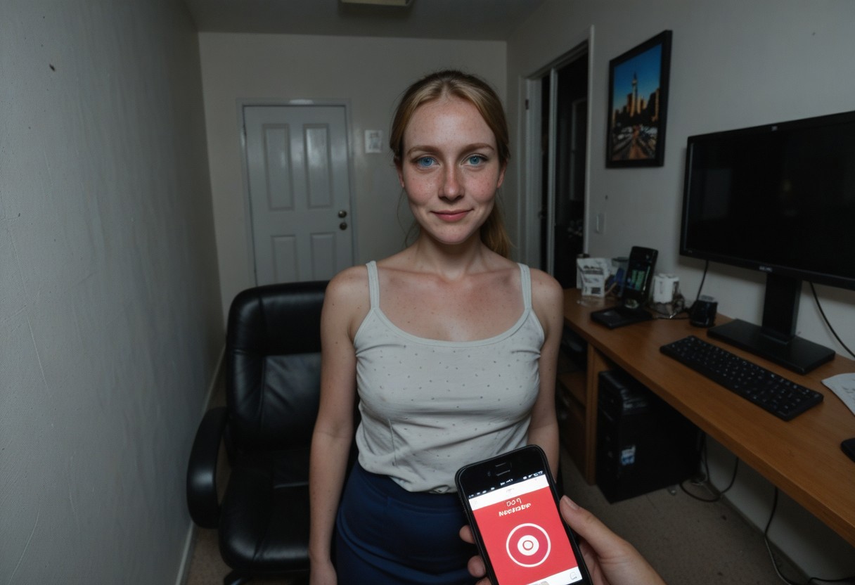 masterpiece, best quality, amazing quality, very aesthetic, absurdres, newest, 
Hypno_App_POV, 35 year old American woman,, solo, smartphone, mind control, blonde hair, very long red hair, high ponytail, blue eyes, looking at viewer,  indoors, window, pencil skirt, white shirt, clothes pull, sleeveless, collarbone, indoors, office, cubicles, computers,
,pov,
addmicrodetails, outdoors, urban setting, dynamic lighting, glossy_skin, skin_detail, realistic_textures