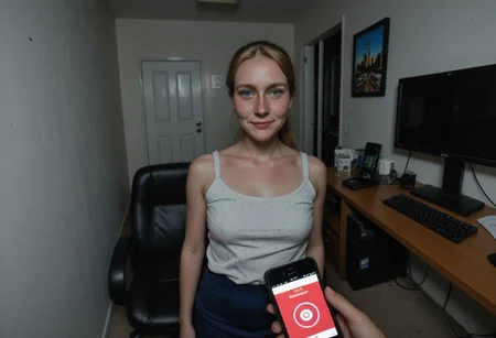 masterpiece, best quality, amazing quality, very aesthetic, absurdres, newest,
Hypno_App_POV, 35 year old American woman,, solo, smartphone, mind control, blonde hair, very long red hair, high ponytail, blue eyes, looking at viewer, indoors, window, pencil skirt, white shirt, clothes pull, sleeveless, collarbone, indoors, office, cubicles, computers,
,pov,
addmicrodetails, outdoors, urban setting, dynamic lighting, glossy_skin, skin_detail, realistic_textures