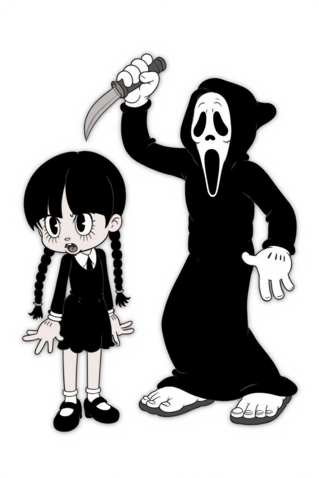 rubber hose animation style.
Monochrome image of two characters.
On the left stands Wednesday Addams, a young girl with long braided hair, wearing a dark dress.
On the right stands Ghostface from the Scream franchise, raising a knife.
 <lora:rubberhose1_cap_d8a4:1.0><lora:844377329292547388:0>