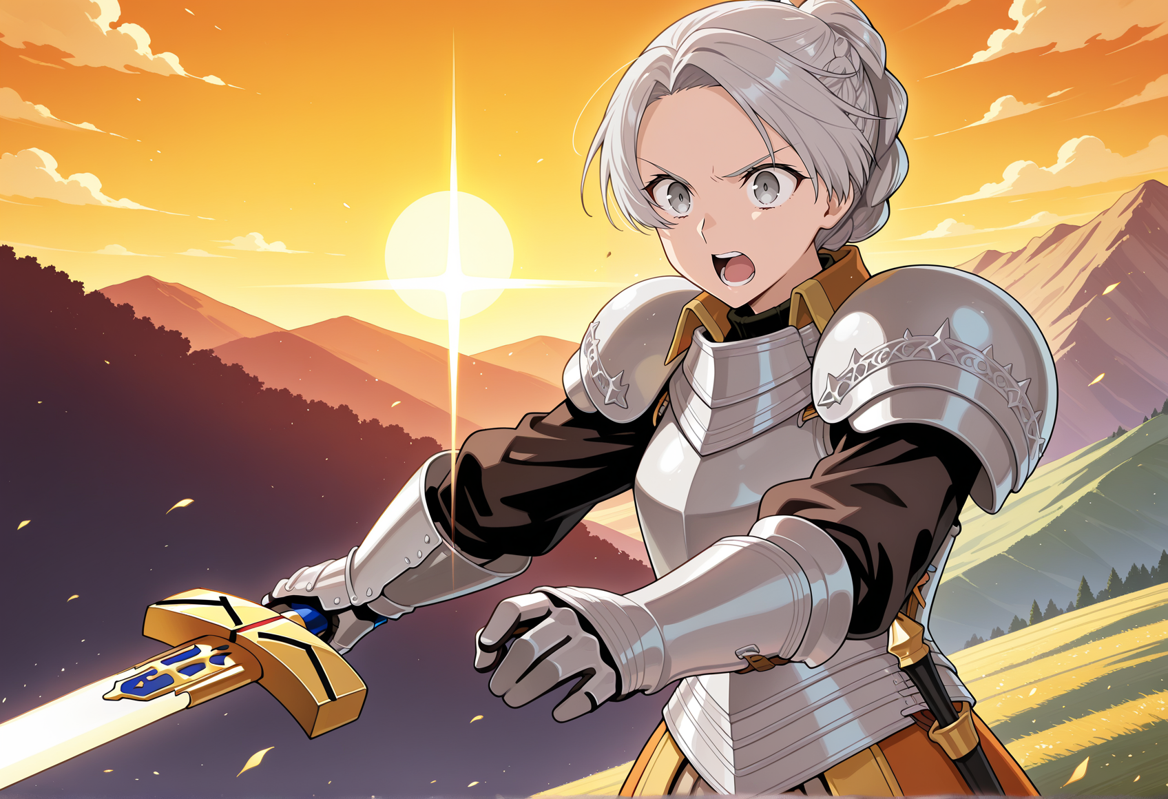excalibur \(fate/stay night\), 
BREAK
close-up, anime screenshot, anime screencap, anime coloring, 1girl, solo,  long hair, grey hair, gray eyes, single hair bun, braid, orange dress, armor, breastplate, pauldrons, upper body, gauntlets, holding sword,  fighting stance, outdoors, valley, casting spell, sunrise stance, open mouth <lora:chris_ligthfellow_illus:1>, masterpiece, best quality, amazing quality, very aesthetic, absurdres, highres, newest