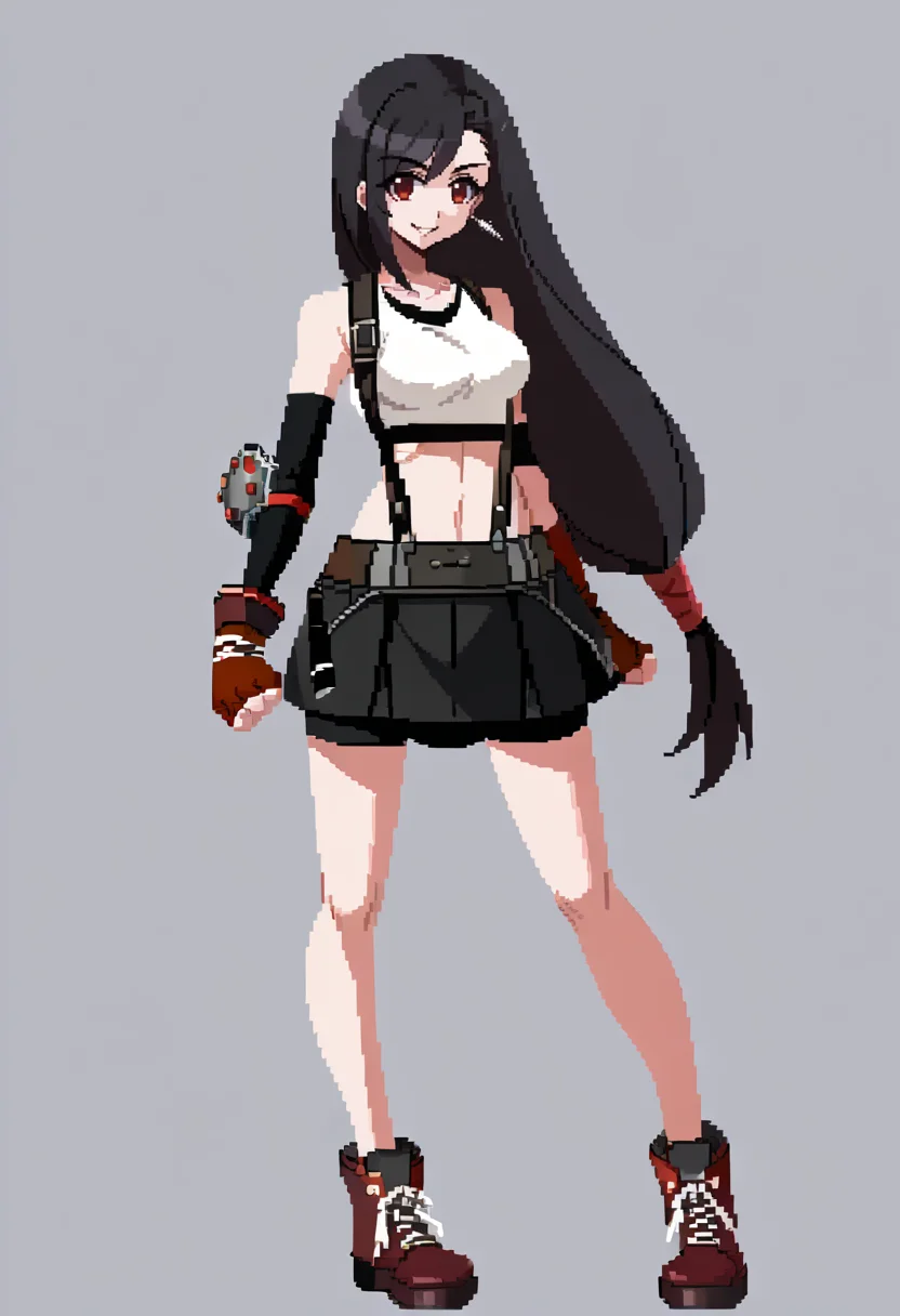 score_9, score_8_up, score_7_up, source_anime, BREAK, solo, 1girl, smile, looking at viewer, <lora:Under-Night-In-Birth-SpritesV2-pdxl_Fp:1>, simple background, full body, standing, <lora:tifa-pdxl-nvwls-v1:1>, defTif, red eyes, black hair, low-tied long hair, earrings, white sports bra, black suspenders, black miniskirt, arm warmers, black elbow gloves, elbow pads, red gloves, red footwear,